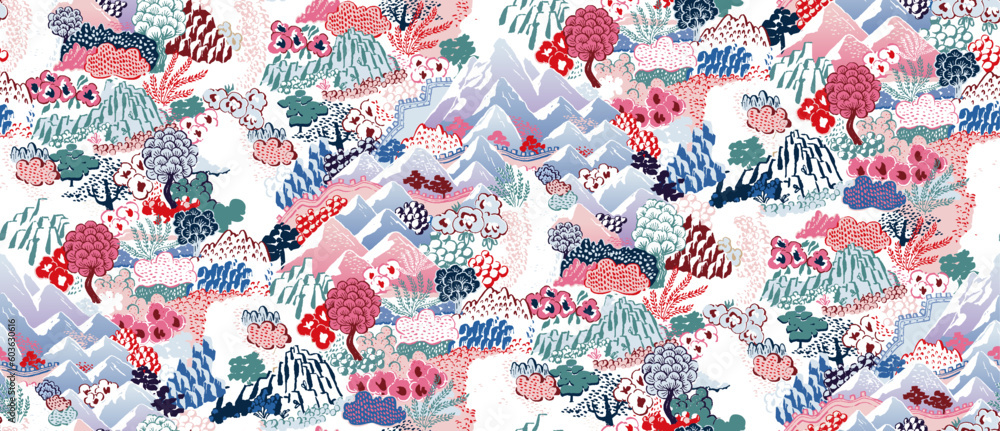Seamless pattern vector Illustration capturing the poetic beauty of mountain landscapes in Korea	