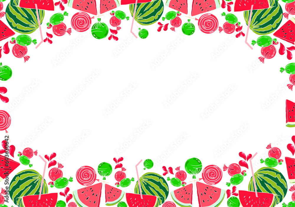berry frame with watermelon and lollipops, taste of summer, hand drawn berry frame with watermelon and lollipops, taste of summer, hand drawn