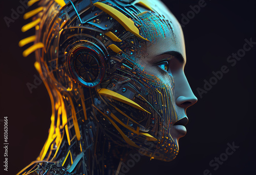 3d rendering of a female cyborg with digital circuit on her head generative ai