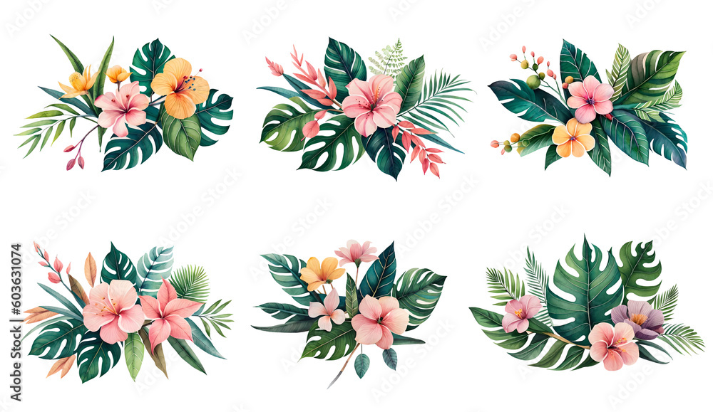 Watercolor tropical leaves and flowers. Generative Ai