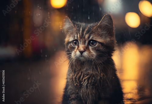 A lonely kitten abandoned in an alley, its big eyes full of sadness as it looks for a way out, ai illustration