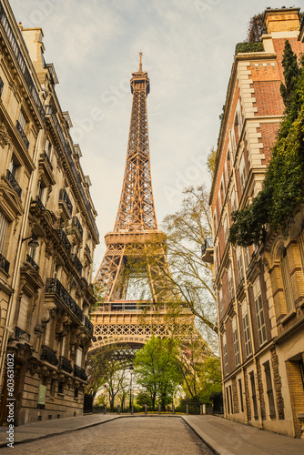 View of the Eiffel Tower from a nearby street full of residential buildings. Paris, France