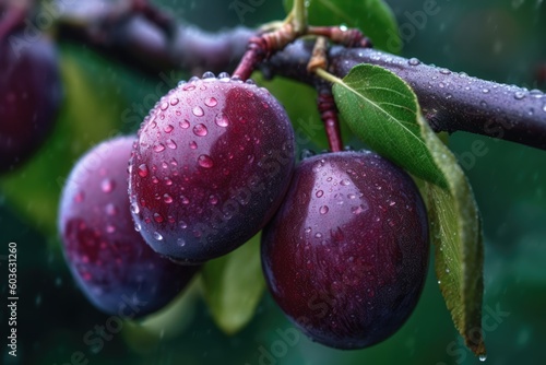 plums on a branch with water drops