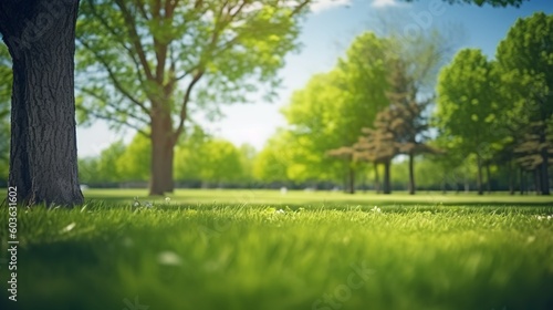 Spring Serenity: Beautiful Blurred Background of Neat Lawn and Trees against a Sunny Blue Sky