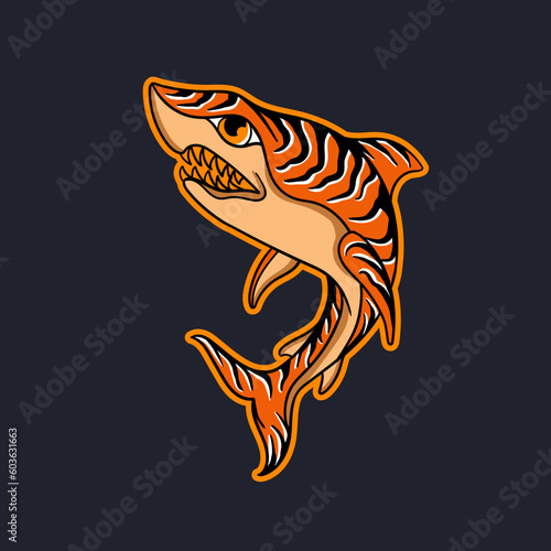 Hand drawn illustration of a tiger shark