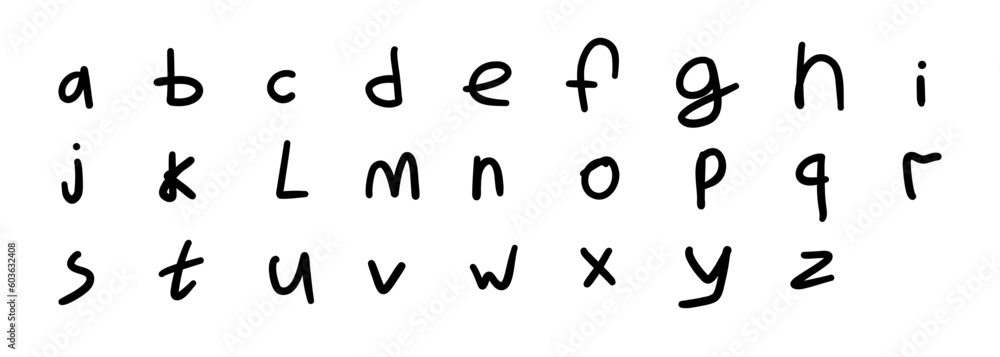 Simple black english latin abc alphabet font A to Z. Vector illustration in handmade doodle, handwritten doodle style isolated on white background. For typography, logo, card, decorating, kids book. Simple black english latin abc alphabet font A to Z. Vector illustration in handmade doodle, handwritten doodle style isolated on white background. For typography, logo, card, decorating, kids book.