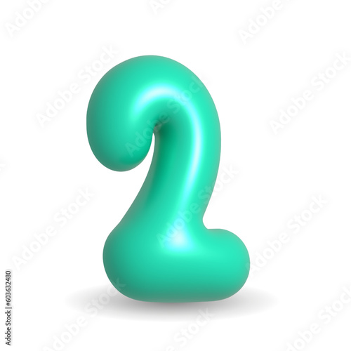 Luxury, colorful and glistening mint aquamarine balloon digit Two. 3d realistic design element isolated on white background. For events, birthday cake, happy birthday.
