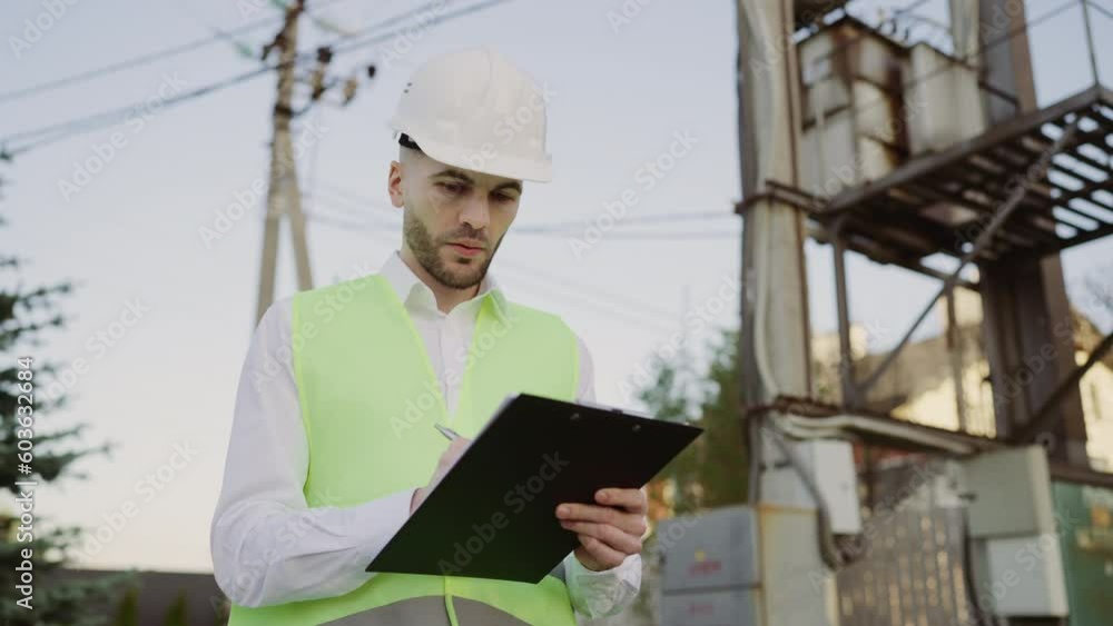 Engineer in Safety Clothes Noting Power Lines Data. Analysis Work, Using Tablet with Papers. Holds a Paper in his Hands and Notes with a Pen. Builder, Architect Working Engineer in Safety Clothes Noting Power Lines Data. Analysis Work, Using Tablet with Papers. Holds a Paper in his Hands and Notes with a Pen. Builder, Architect Working