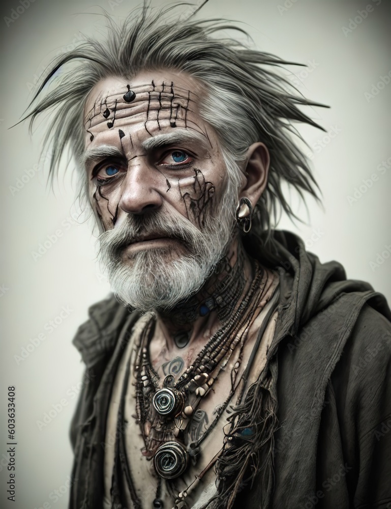 Stunning gifted homeless elderly man, haunted, dirty skin,old scarce tattered outfit. futuristic background. grandpa, grandfather, old, older. generative ai