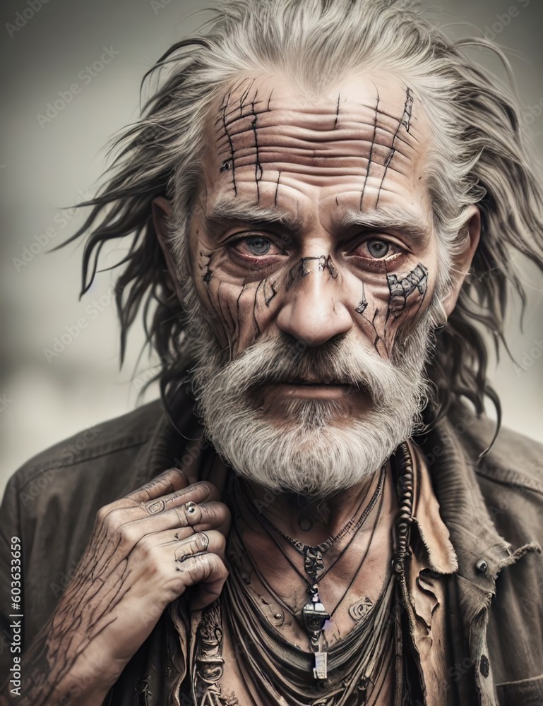 Stunning gifted homeless elderly man, haunted, dirty skin,old scarce ...