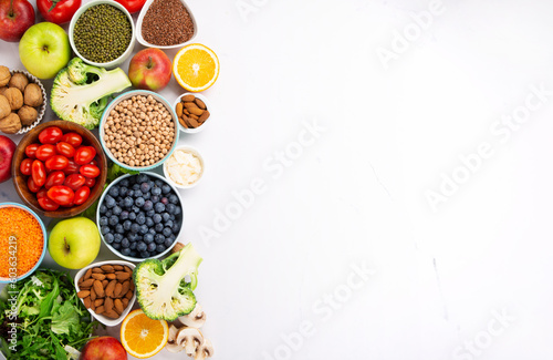 Fresh Ingredients for Dietary, Vegetables, Fruits, Nuts, Meat for Weight Loss on White Background