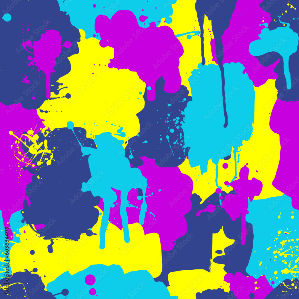 Seamless pattern with colorful spots, blobs. Abstract paint drops. Bright vibrant colors.