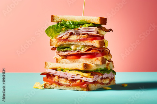 big tasty stack of club sandwich with cheese, ham and vegetables, created with generative ai