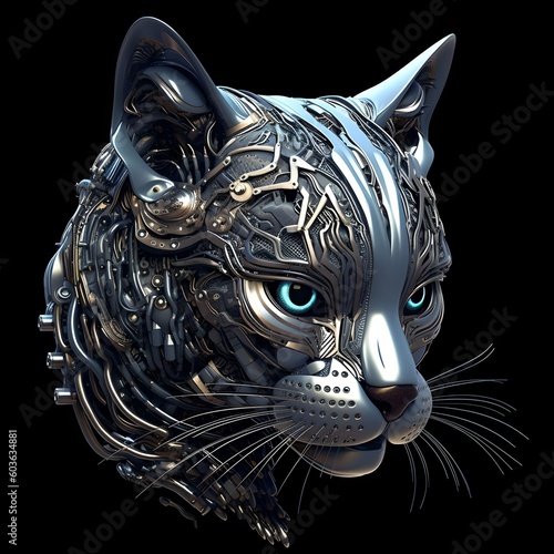 Mechanical cat head with digital technology and electronics. A futuristic vision of future technology. Animal looking android. Generative AI.