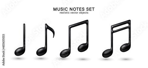 Black music notes collection isolated on transparent background. Vector 3d realistic icon.