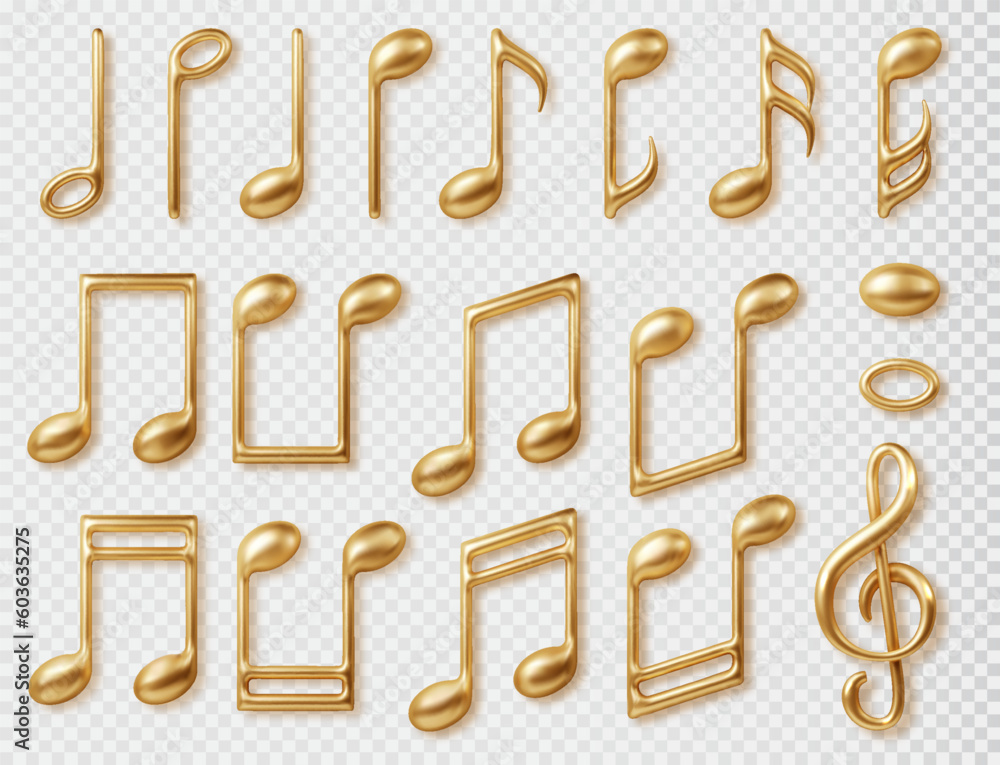 Gold music notes 3d symbols set. Vector realistic icon collection of classic music symbol isolated on transparent background. Gold music notes 3d symbols set. Vector realistic icon collection of classic music symbol isolated on transparent background.