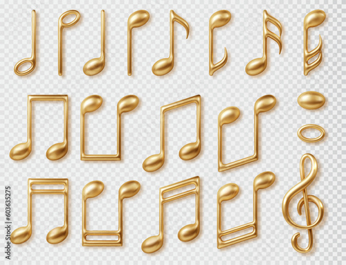 Gold music notes 3d symbols set. Vector realistic icon collection of classic music symbol isolated on transparent background.