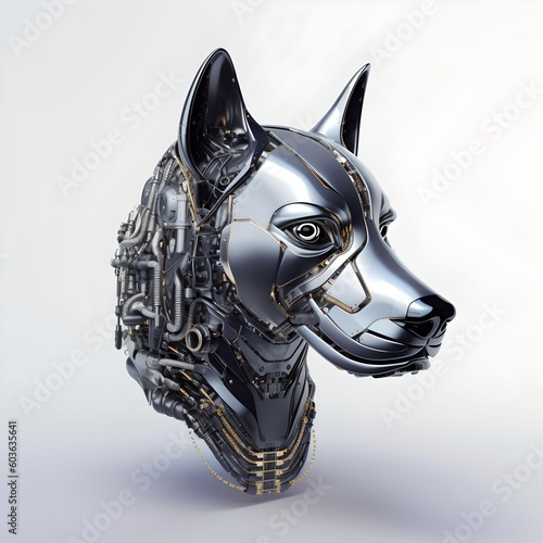 Mechanical dog head with digital technology and electronics. A futuristic vision of future technology. Animal looking android. Generative AI.