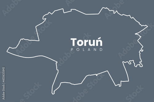 Map of Toruń, a city in north-central Poland and a UNESCO World Heritage Site - Urban borders map with streets and Vistula River.