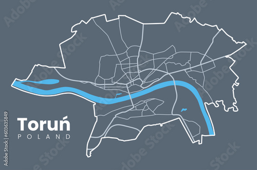 Map of Toruń, a city in north-central Poland and a UNESCO World Heritage Site - Urban borders map with streets and Vistula River.