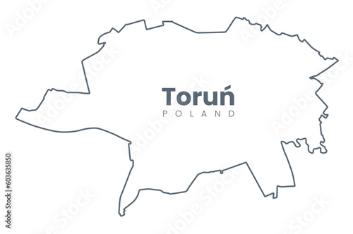 Map of Toruń, a city in north-central Poland and a UNESCO World Heritage Site - Urban borders map with streets and Vistula River.