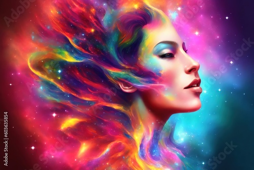 Woman portrait with colorful nebula. astral body. Surrounded by the wonders of the galaxy Esoteric and spiritual life concept. generative AI.