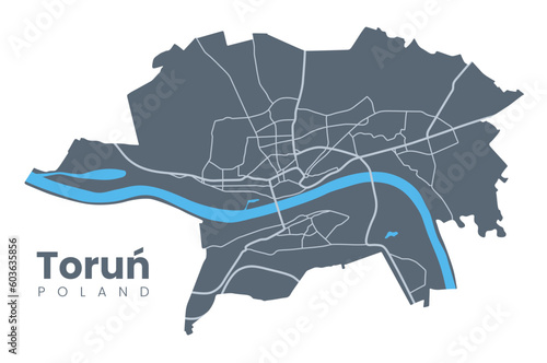 Map of Toruń, a city in north-central Poland and a UNESCO World Heritage Site - Urban borders map with streets and Vistula River.