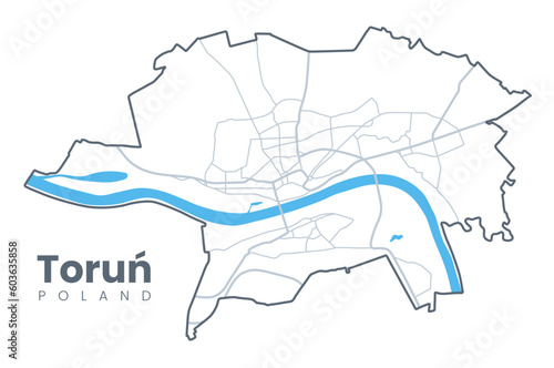 Map of Toruń, a city in north-central Poland and a UNESCO World Heritage Site - Urban borders map with streets and Vistula River.