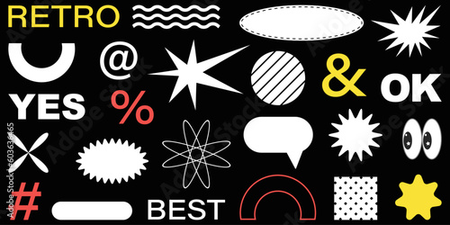 Shape set y2k style for banner.  Y2k aesthetic. Shape set y2k style for decoaration. Simple shapes. Shape set y2k style for poster. Trendy geometric forms. Trendy 90s.