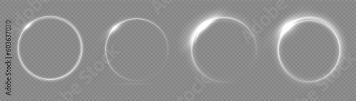 Light circle white swirl. Curved white line light effect. Darkening of the moon. Flash vector semicircle and spark light effect. Glowing white speed circle portal on the road. Podium, radial platform.