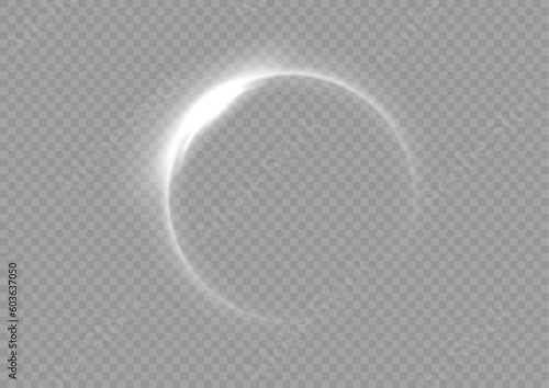 Light circle white swirl. Curved white line light effect. Darkening of the moon. Flash vector semicircle and spark light effect. Glowing white speed circle portal on the road. Podium, radial platform.