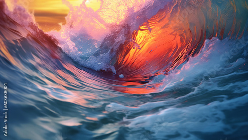 a vibrant and colorful abstract background image with a wide-angle lens, capturing the beauty and energy of flowing water during sunset