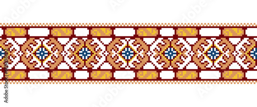 Ukrainian vyshyvanka geometric vector ornament, border, pattern. Ukrainian traditional vyshyvanka embroidery in yellow and blue colors. Pixel art, cross stitch