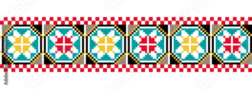 Ukrainian vyshyvanka geometric vector ornament, border, pattern. Ukrainian colorful vyshyvanka embroidery. Pixel art, cross stitch