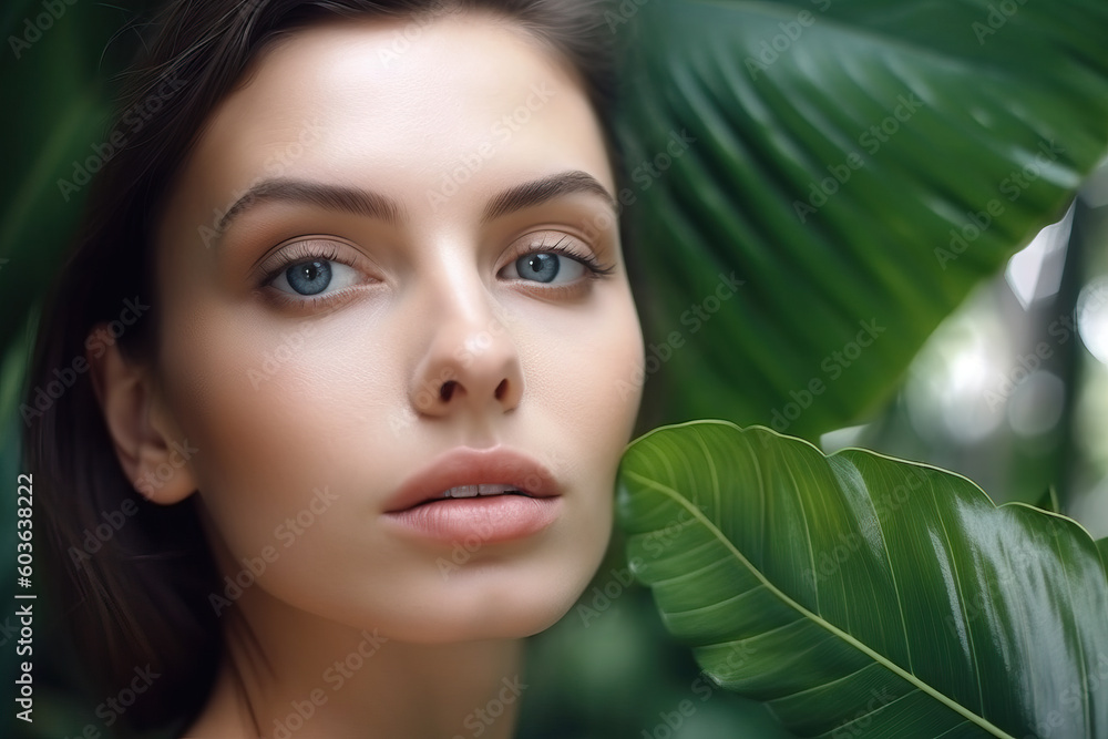 Young woman's face surrounded by tropical leaves. perfect skin. Natural cosmetic, wellness, purity, skincare, beauty concept. Generative AI Young woman's face surrounded by tropical leaves. perfect skin. Natural cosmetic, wellness, purity, skincare, beauty concept. Generative AI