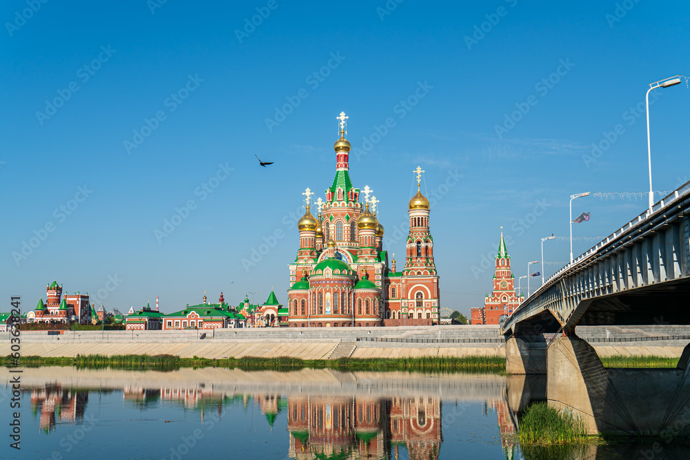 Yoshkar-Ola, Russia. Cathedral of the Annunciation of the Blessed Virgin in Yoshkar-Ola. The river Malaya Kokshaga