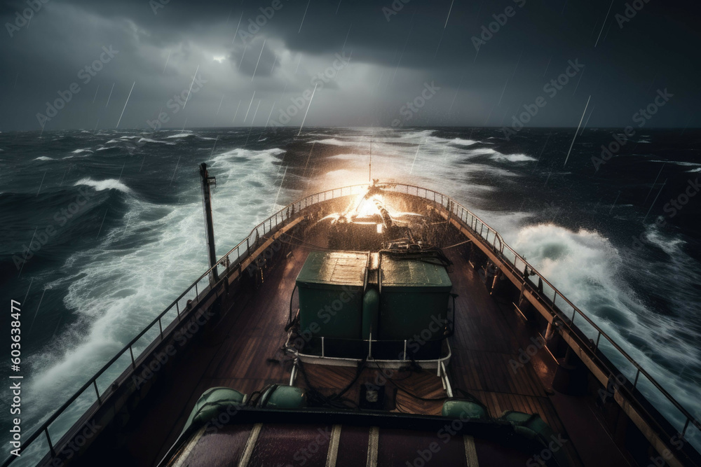 Cargo ship sailing through stormy sea with lightning. - Generative AI ...