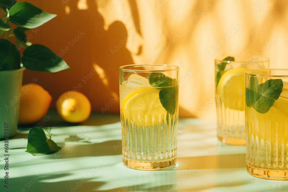 Refreshing lemonade drink in crystal glasses. Summer day. Generative ai Refreshing lemonade drink in crystal glasses. Summer day. Generative ai