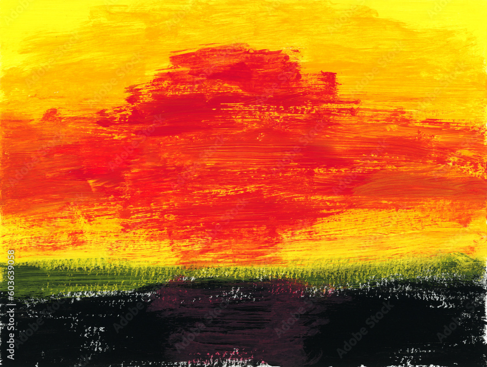 Abstract painted brushstrokes sunset. Red sun, yellow sky, black silhouette landscape. Artistic texture background, modern art.