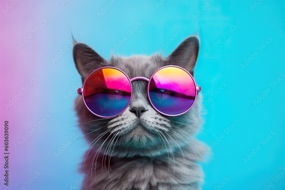 Funny cat with glasses. Blue trendy background. Generative ai