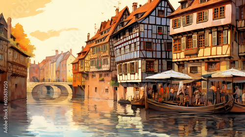 Illustration of traditional colorful half-timbered houses and a river in an old European town photo