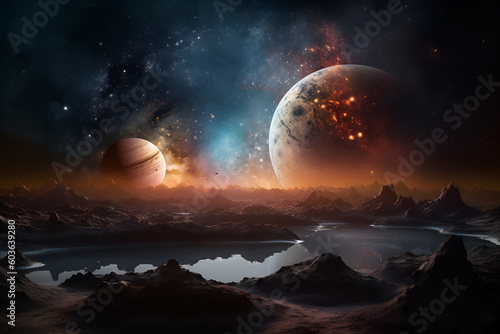 Beautiful outer  space  scenery digital background. Surreal fantasy  cosmic world. Dark colorful universe. Video Game s Digital AI Illustration. Galaxies design backdrop for desktop wallpaper.