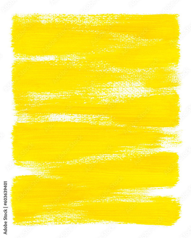 Yellow acrylic paint big horizontal brushstrokes isolated on white background. Hand painted vertical artistic backdrop with place for text. Design template, banner, frame.