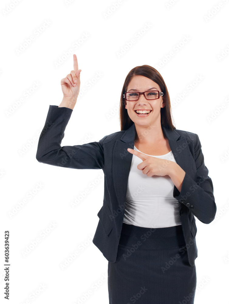 Portrait, happy and business woman pointing at mockup space, retail promotion or discount notification. Smile, corporate presentation gesture and female brand ambassador on studio white background Portrait, happy and business woman pointing at mockup space, retail promotion or discount notification. Smile, corporate presentation gesture and female brand ambassador on studio white background