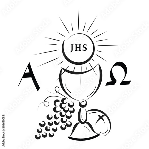 Jesus And The Eucharist illustration. Eucharist in Chalice with Grapes and Wheat for print or use as poster, card, flyer or T Shirt