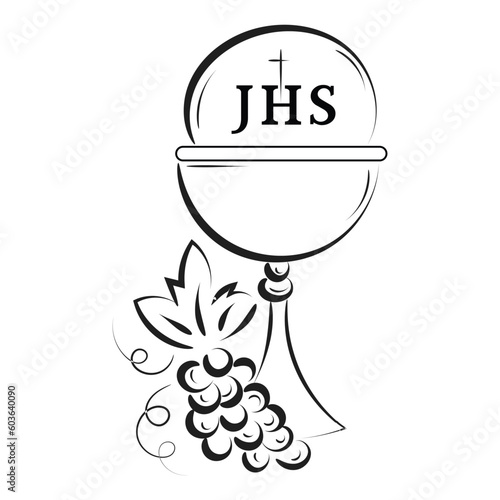 Jesus And The Eucharist illustration. Eucharist in Chalice with Grapes and Wheat for print or use as poster, card, flyer or T Shirt