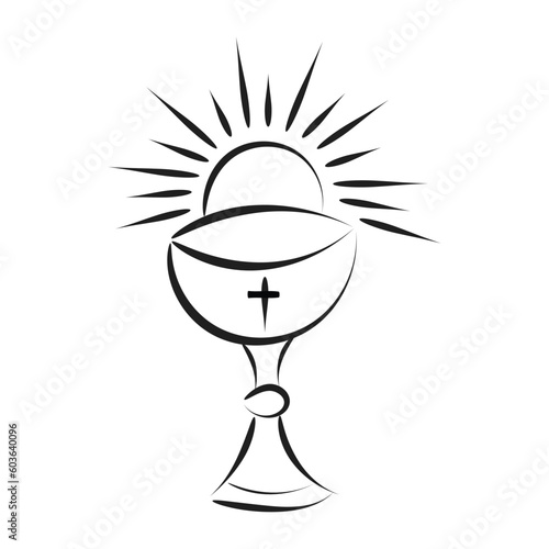 Jesus And The Eucharist illustration. Eucharist in Chalice with Grapes and Wheat for print or use as poster, card, flyer or T Shirt