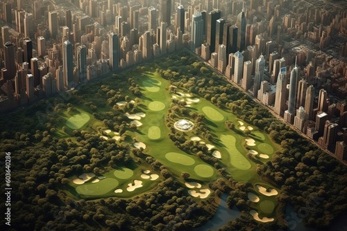 Central Park new york city is a huge golf course, aerial view, illustration generative ai