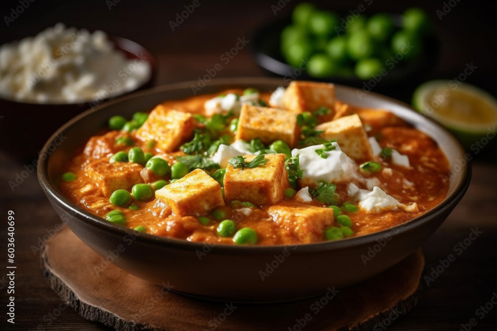 Close up of a bowl of matar paneer, Indian vegetarian food. Generative AI