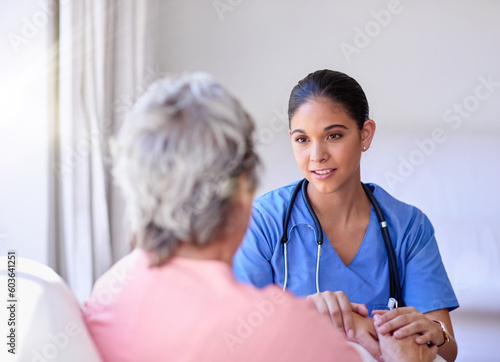 Принти на полотні Comfort, healthcare and caregiver with senior patient explaining diagnosis after consultation